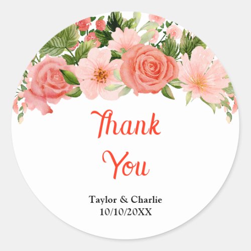Coral Pink Red Roses Floral Wedding Thank You Classic Round Sticker