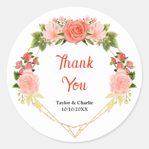 Coral Pink Red Roses Floral Wedding Thank You Classic Round Sticker