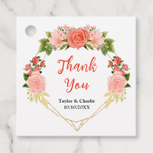 Coral Pink Red Roses Floral Wedding Thank You Favor Tags