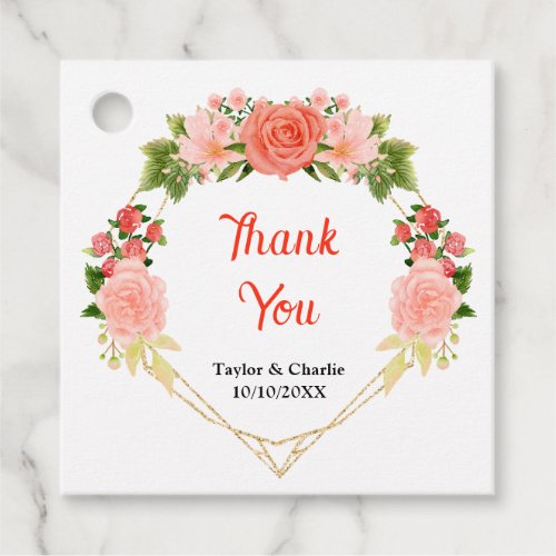 Coral Pink Red Roses Floral Wedding Thank You Favor Tags