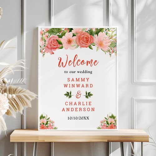 Coral Pink Red Roses Floral Wedding Welcome Sign