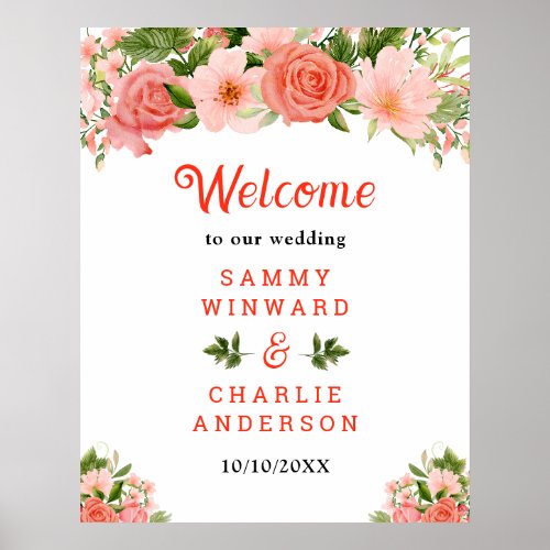Coral Pink Red Roses Floral Wedding Welcome Sign