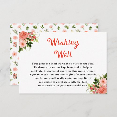 Coral Pink Red Roses Floral Wedding Wishing Well Enclosure Card