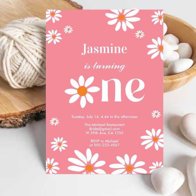 Coral Pink Retro Groovy Daisy Florals 1st Birthday Invitation (Coral Pink Retro Groovy Daisy Florals 1st Birthday Invitation)