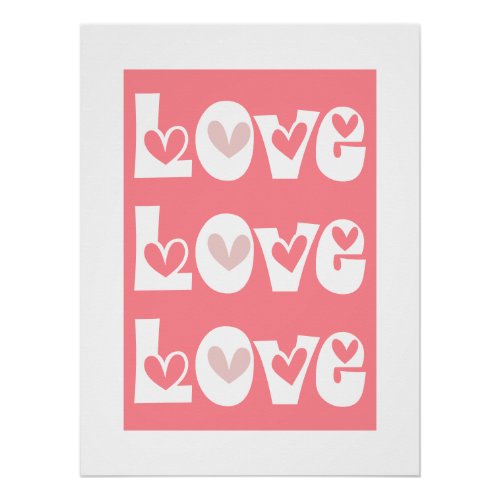 Coral pink retro LOVE typography with hearts Poster