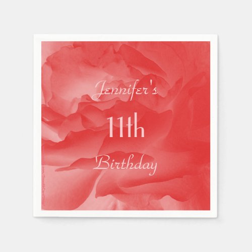 Coral Pink Rose 11th Birthday Party Name Paper Napkins