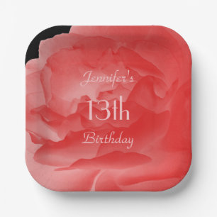 Coral Pink Rose 13th Birthday Party Name Square Paper Plates