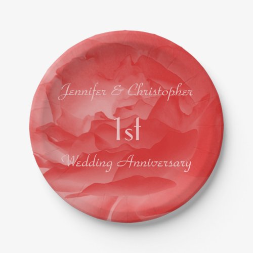 Coral Pink Rose 1st Wedding Anniversary  Paper Plates