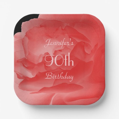 Coral Pink Rose 90th Birthday Name Floral Square Paper Plates