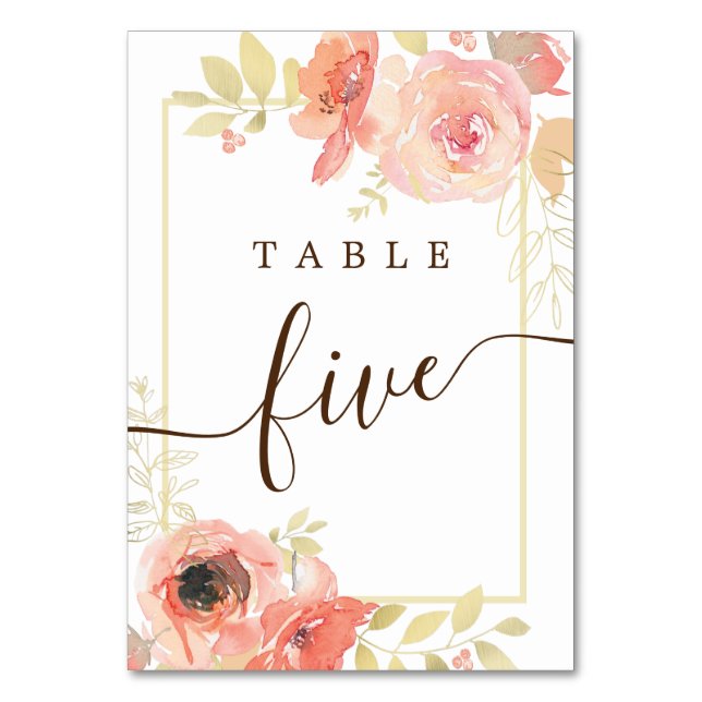 Coral Pink Rose and Gold Frame Floral Wedding  Table Number (Front)