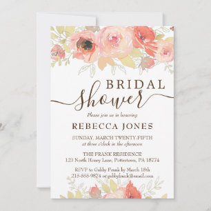 Coral Pink Rose and Gold Leaves Bridal Shower Invitation