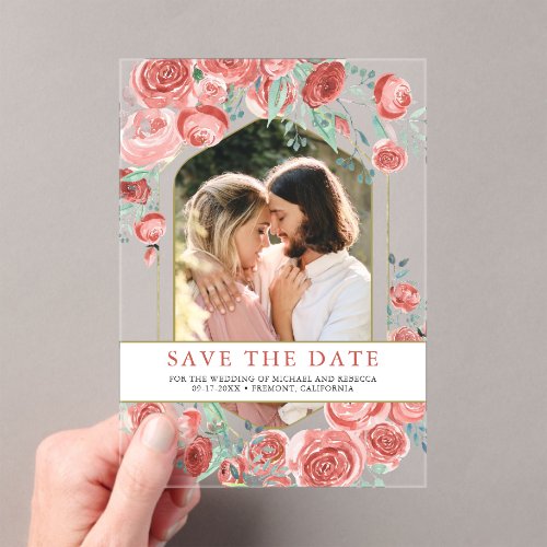 Coral Pink Rose Floral Photo Wedding Save the Date