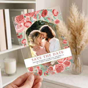 Coral Pink Rose Floral Photo Wedding Save the Date