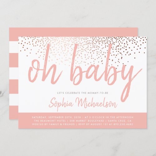 Coral Pink & Rose Gold Confetti Oh Baby Shower Invitation - Create your own Coral Pink & Rose Gold Confetti Oh Baby Shower invitations with these easy-to-use templates by Eugene Designs. This baby shower design features faux rose gold confetti and the words "oh baby" in coral pink calligraphy on a white background. On the reverse, there are pink and white horizontal stripes.