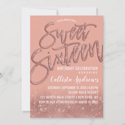Coral Pink Rose Gold Glitter Typography Sweet 16 Invitation