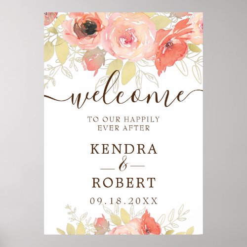 Coral Pink Rose Gold Leaves Floral Wedding Welcome Poster