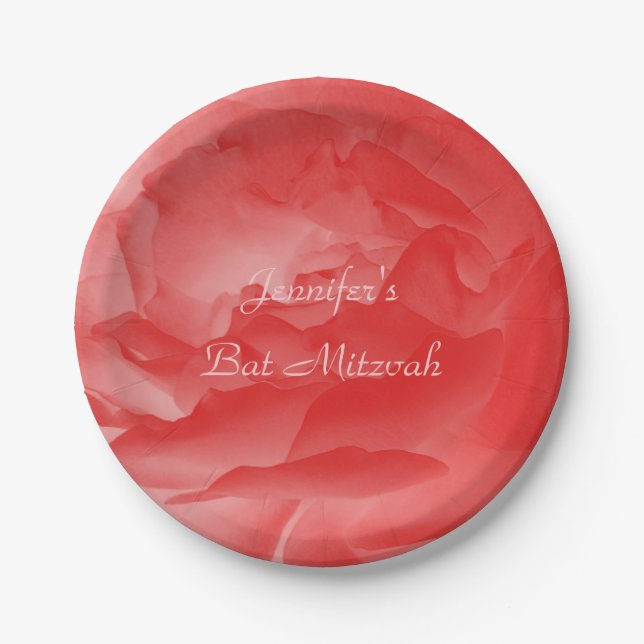 Coral Pink Rose, Name, Floral Bat Mitzvah Paper Plates (Front)