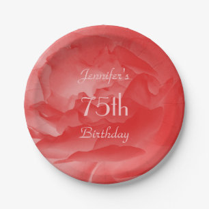 Coral Pink Rose Paper Plates, 75th Birthday Plates