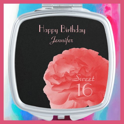 Coral Pink Rose Sweet 16 16th Birthday Name Makeup Mirror