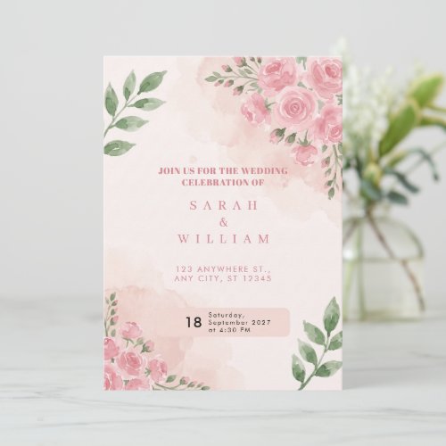 Coral Pink Rose Watercolor Wedding Invitation
