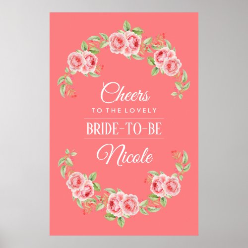 Coral Pink Rose Wreath Bridal Shower Welcome Sign