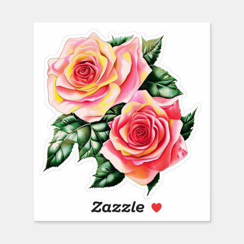 Coral Pink Roses and Jade Green Leaves Sticker