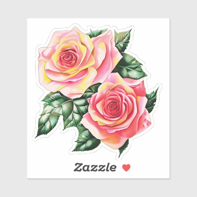 Coral Pink Roses and Jade Green Leaves Sticker (Sheet)