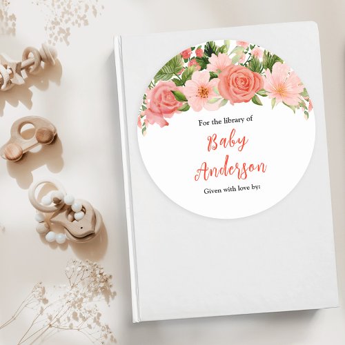 Coral Pink Roses Floral Baby Shower Bookplate