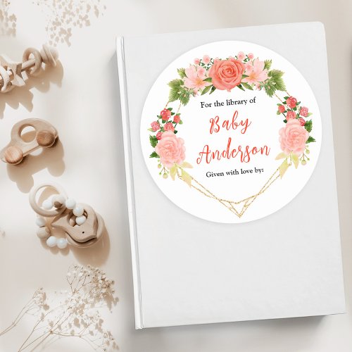 Coral Pink Roses Floral Baby Shower Bookplate