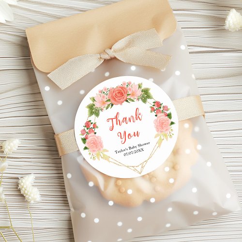 Coral Pink Roses Floral Baby Shower Thank You Classic Round Sticker