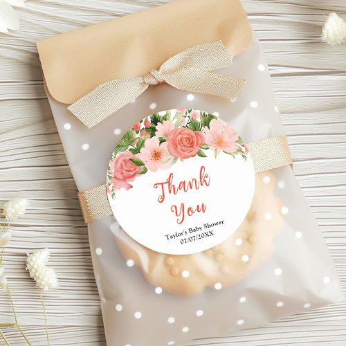 Coral Pink Roses Floral Baby Shower Thank You Classic Round Sticker