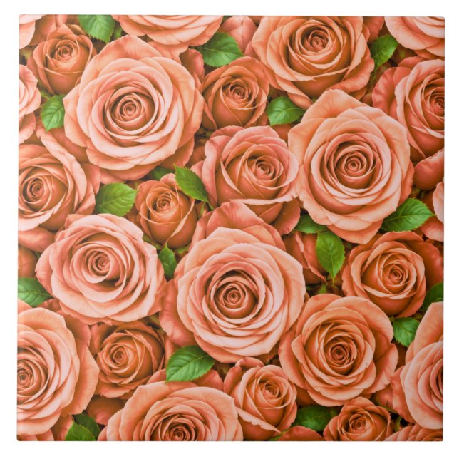 Coral  Pink Roses Floral Pattern Ceramic Tile (Front)
