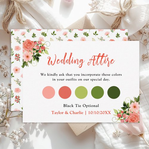 Coral Pink Roses Floral Wedding Attire Dress Code Enclosure Card