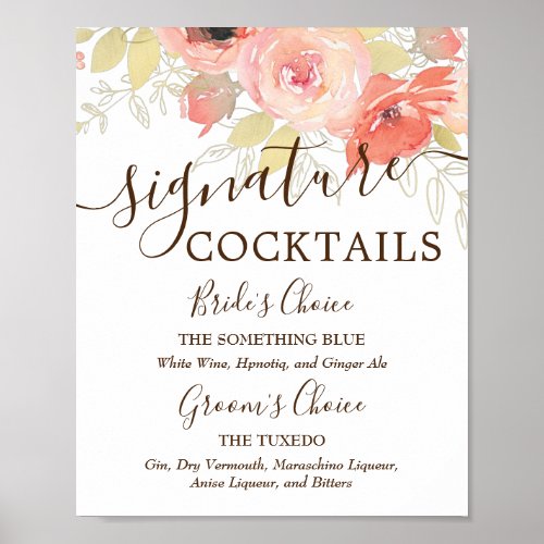 Coral Pink Roses  Gold Wedding Signature Drinks Poster