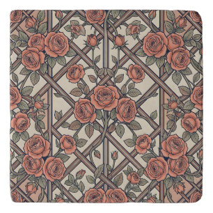 Coral Pink Roses Lattice Trellis Vintage Floral Trivet