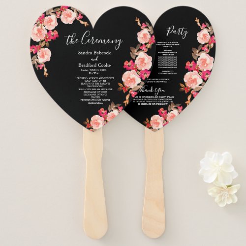 Coral Pink Roses on Black Wedding Ceremony Hand Fan