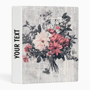 Coral Pink Roses Vintage Newspaper Botanical Art Mini Binder