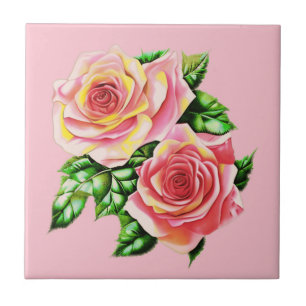 Coral Pink Roses with Jade Green Leaves Ceramic Tile