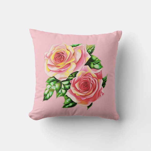 Coral Pink Roses with Jade Green Leaves Throw Pillow (Front)