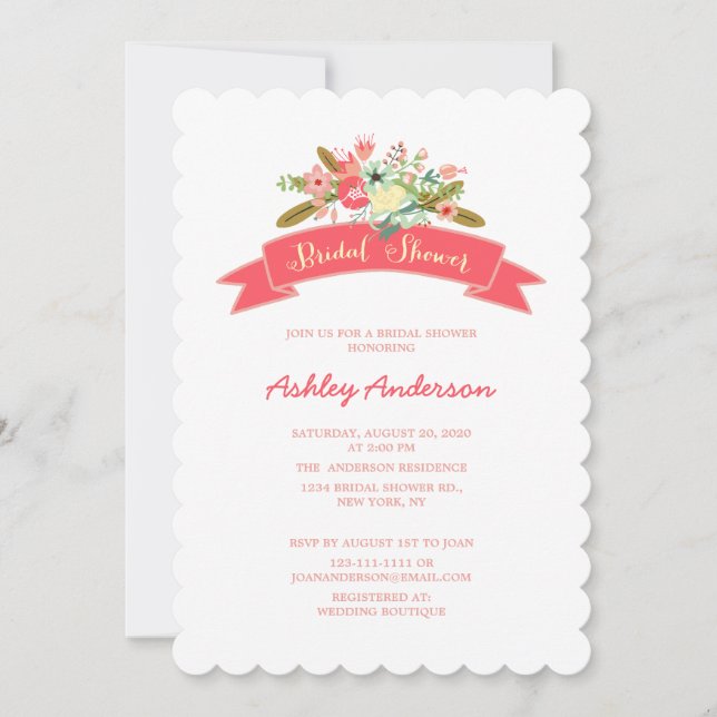 Coral Pink Rustic Floral  Bridal Shower Invitation (Front)