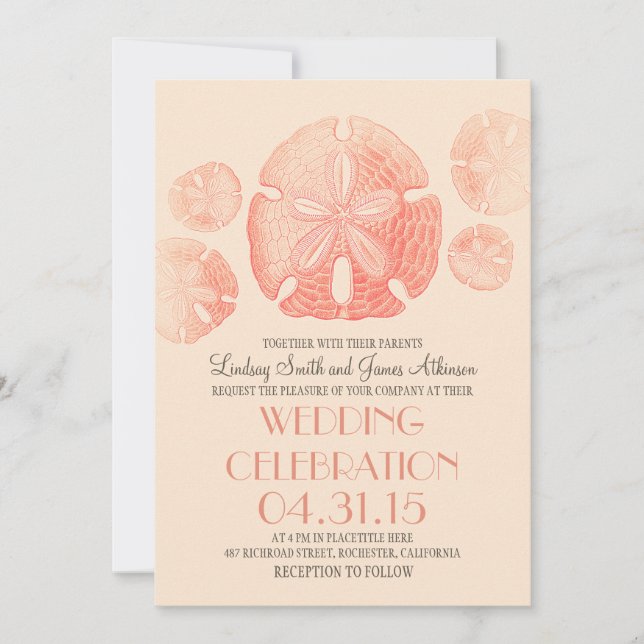 Coral pink sand dollars beach wedding invites (Front)