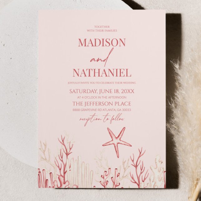 Coral Pink Sea Shell Ocean Beach Wedding Invitation (Creator Uploaded)