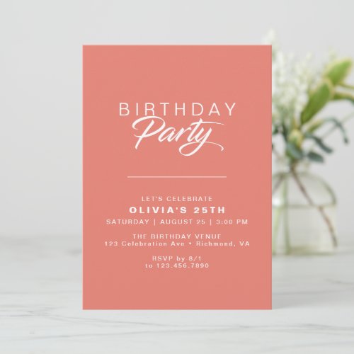 Coral Pink  Simple Trendy Modern Any Age Birthday Invitation