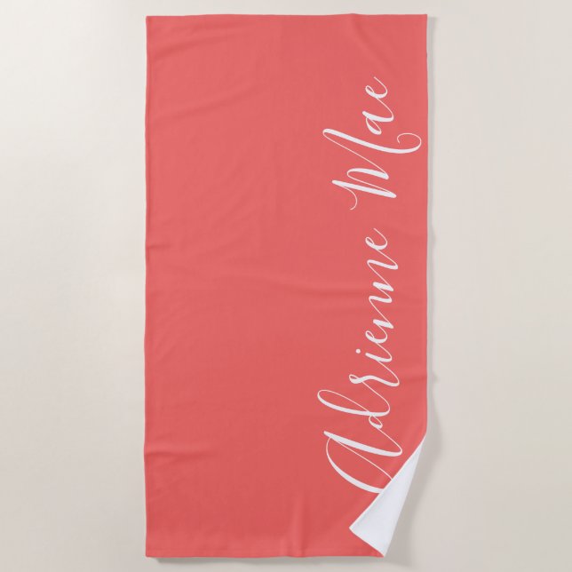 Coral Pink Simply Personalized Beach Towel (Front)