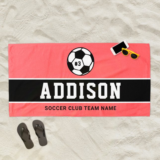 Coral Pink Soccer Player Custom Name Beach Towel (Creator Uploaded)