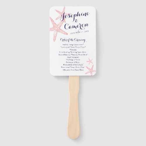 Coral Pink Starfish Beach Wedding Program Hand Fan