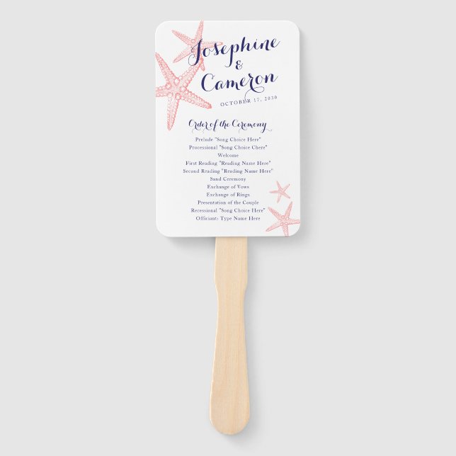 Coral Pink Starfish Beach Wedding Program Hand Fan (Front)