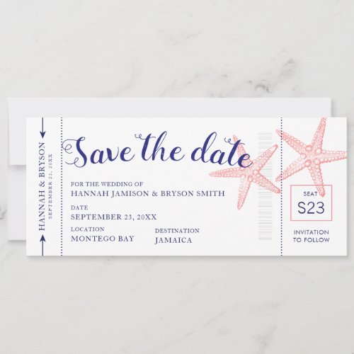 Coral Pink Starfish Boarding Pass Plane Ticket Save The Date