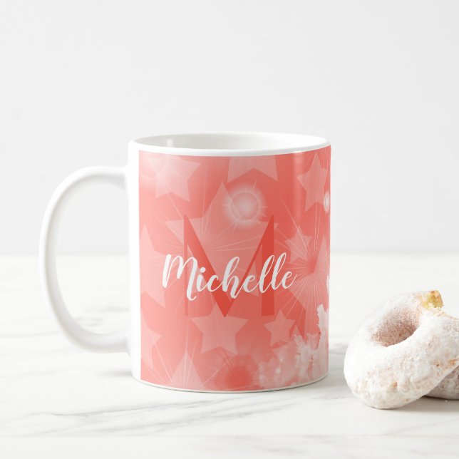Coral pink Stars pattern Modern Chic Monogram Name Coffee Mug (With Donut)