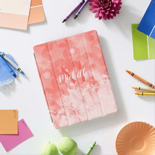 Coral pink Stars pattern Modern Chic Monogram Name iPad Smart Cover (In Situ)